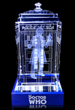 Tom Baker of Doctor Who laser-engraved in a crystal TARDIS replica on an LED-lit base