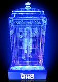 Tom Baker of Doctor Who laser-engraved in a crystal TARDIS replica on an LED-lit base