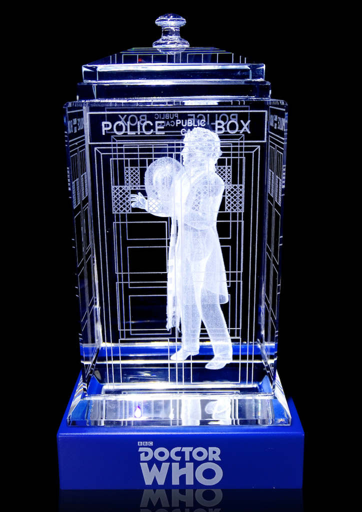 Tom Baker of Doctor Who laser-engraved in a crystal TARDIS replica on an LED-lit base