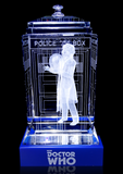Tom Baker of Doctor Who laser-engraved in a crystal TARDIS replica on an LED-lit base