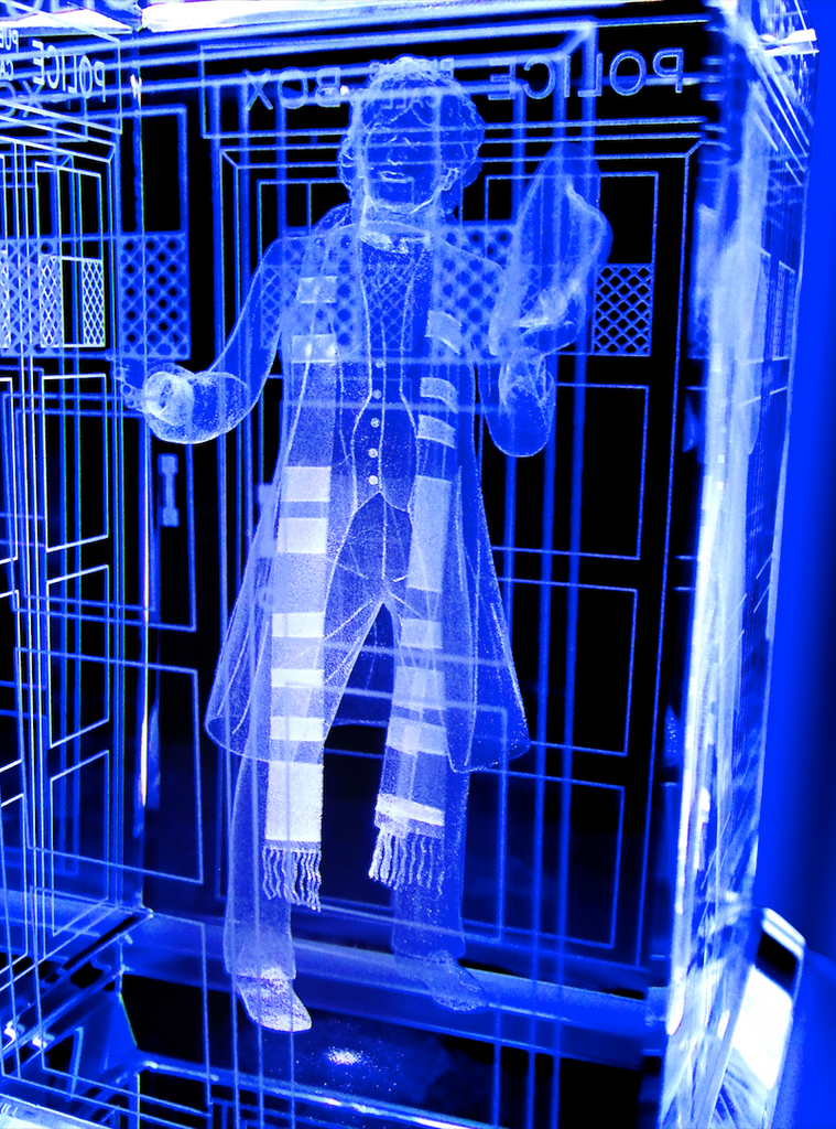Tom Baker of Doctor Who laser-engraved in a crystal TARDIS replica on an LED-lit base