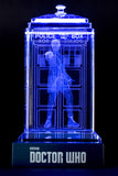 Peter Capaldi of Doctor Who laser-engraved in a crystal TARDIS replica on an LED-lit base